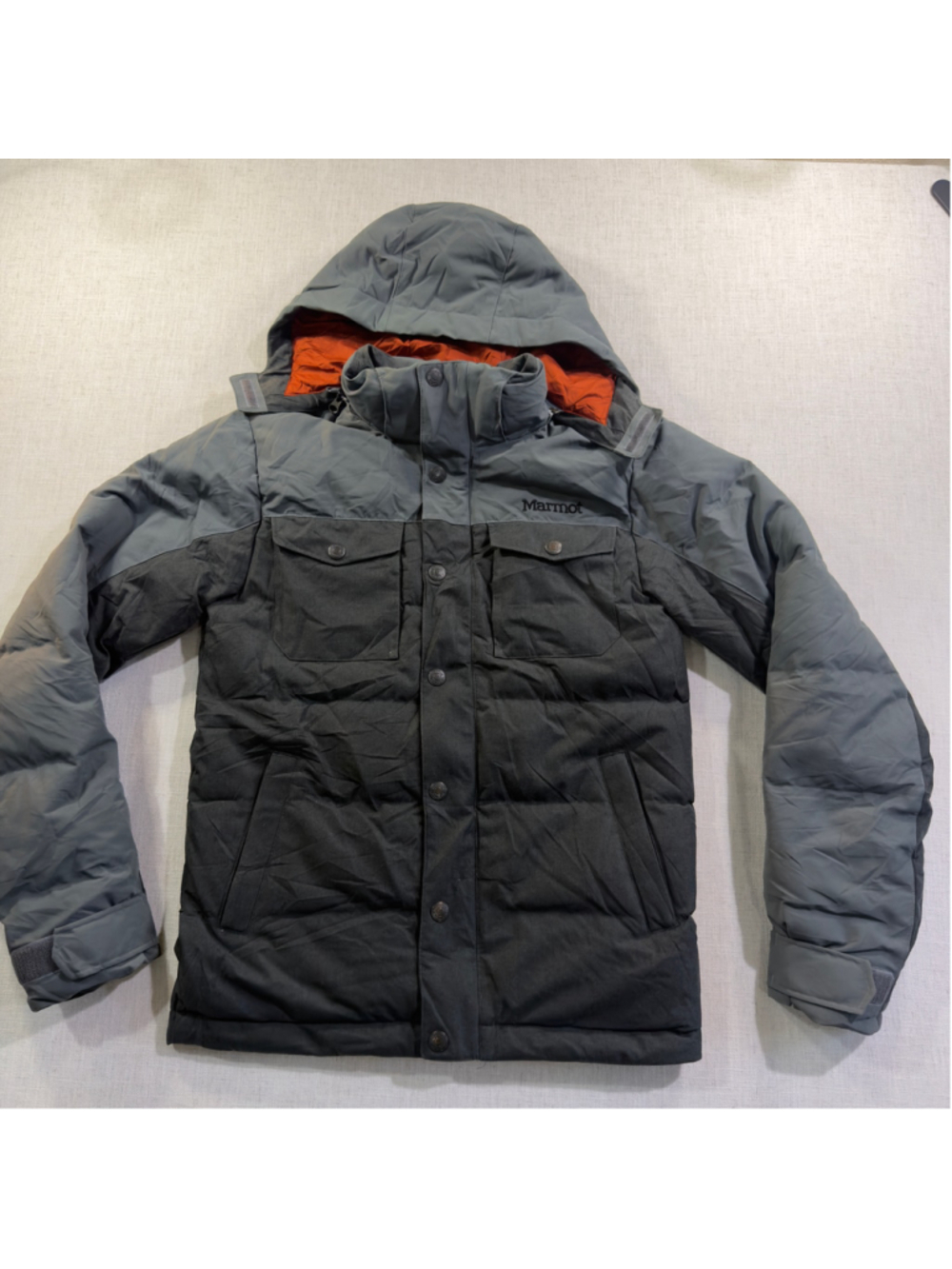 Marmot Men’s S/P Gray Black 700 Fill Down Hooded Puffer Jacket EUC